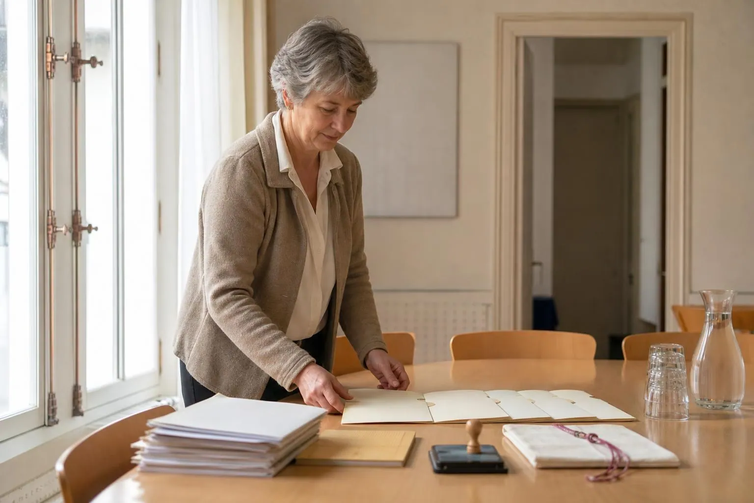 Femme debout devant une table où sont alignées des chemises cartonnées et une pochette de tissu, dans une salle claire