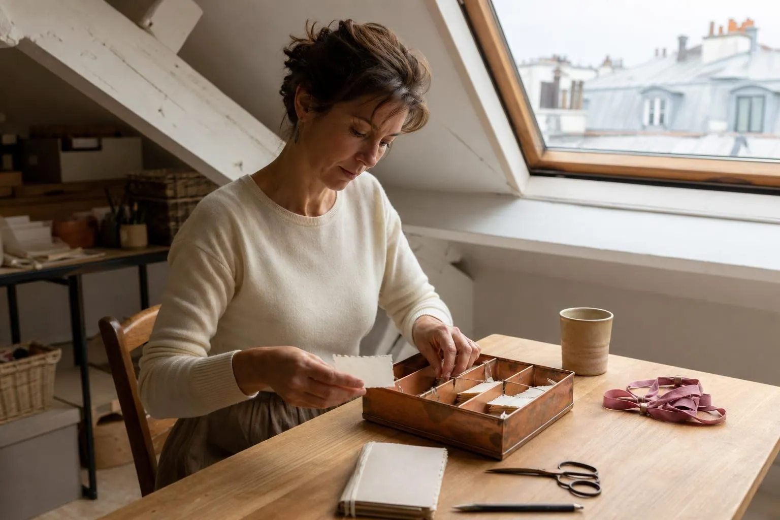 Praticienne rangeant des coupons détachés d’un carnet à souche dans une boîte métallique près d’une fenêtre claire