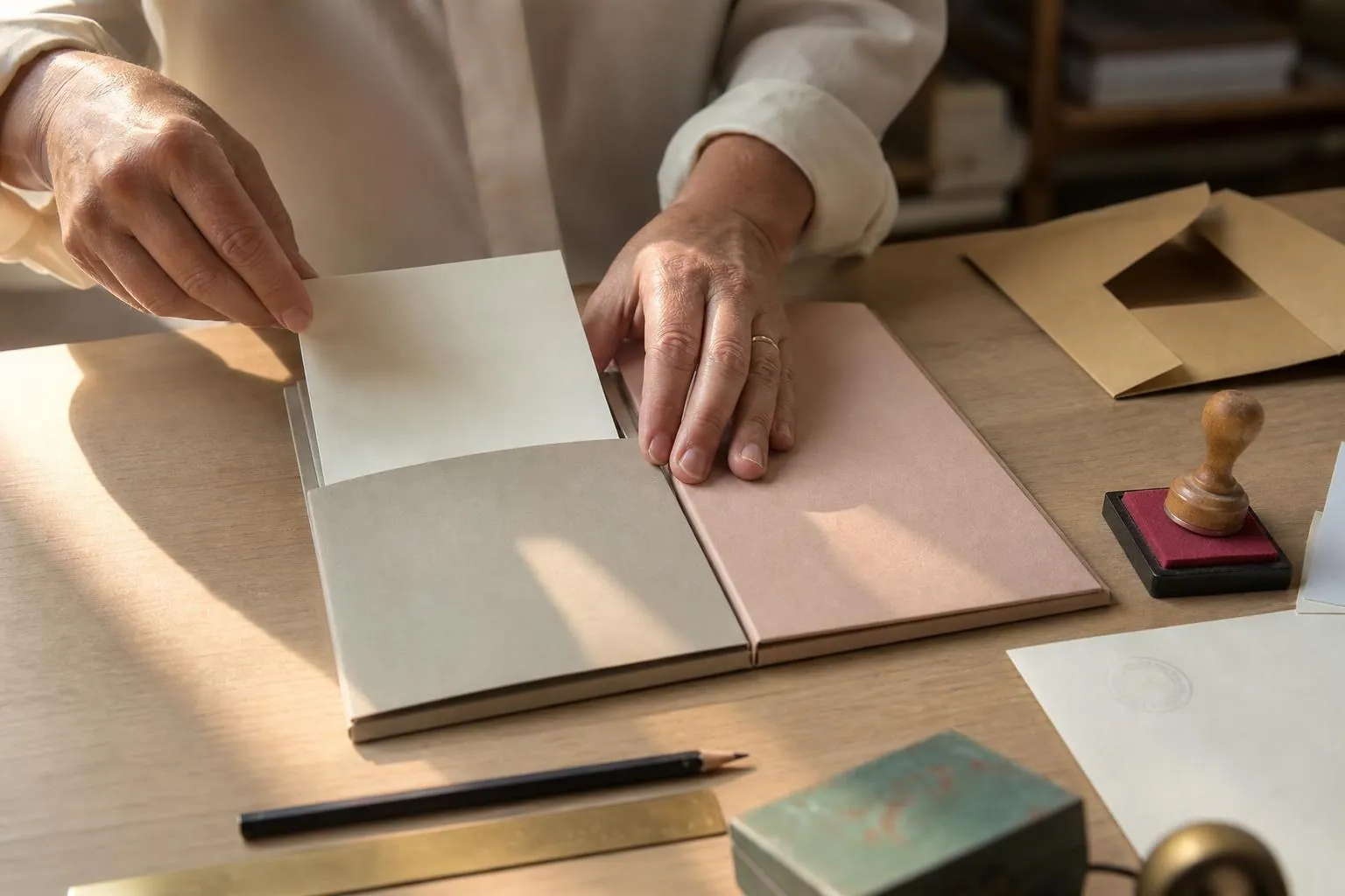 Mains d’une femme classant des feuillets ivoire dans deux chemises cartonnées distinctes sur un bureau clair