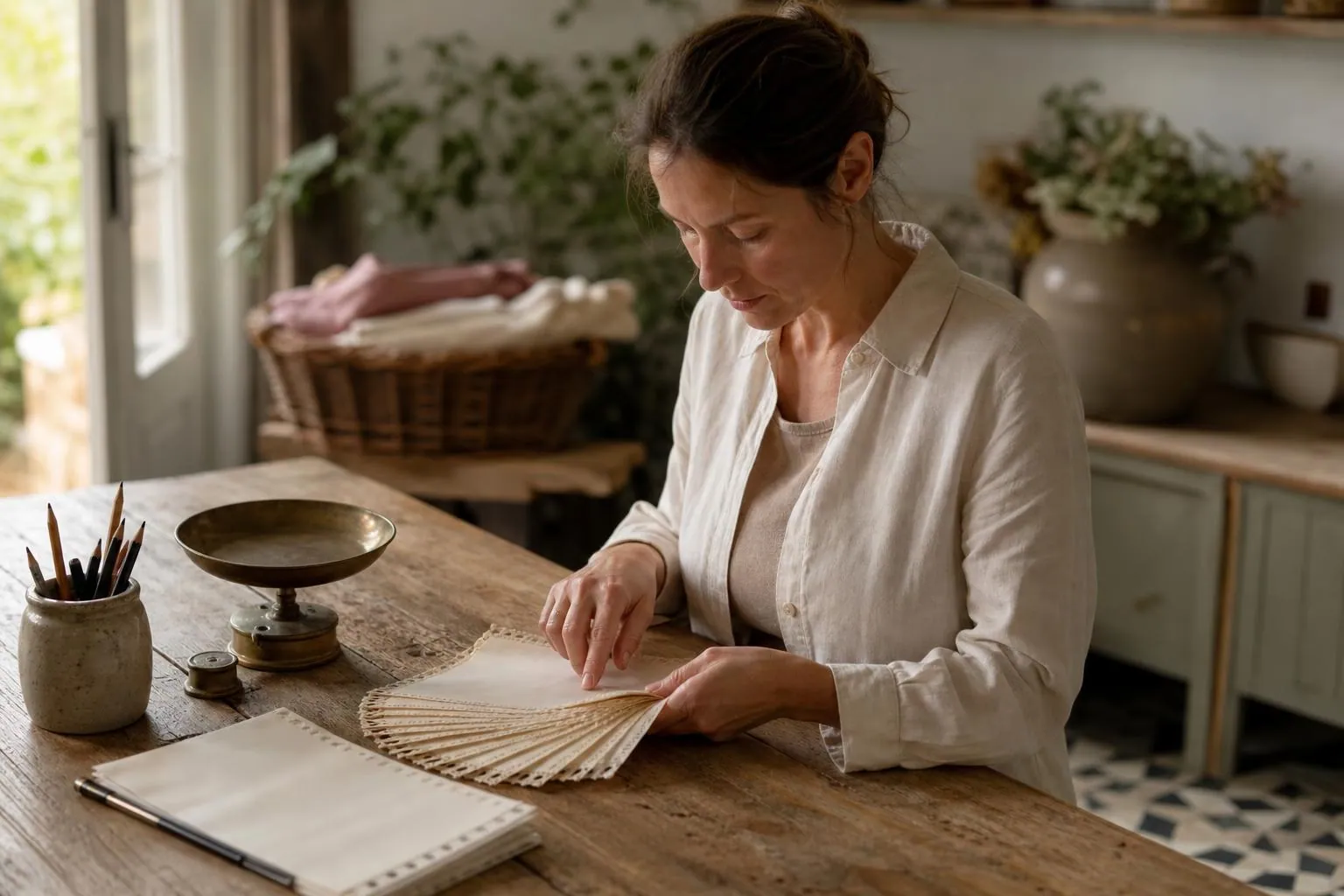 Femme comptant des coupons de forfait posés en éventail sur une table de bois clair près d’une fenêtre