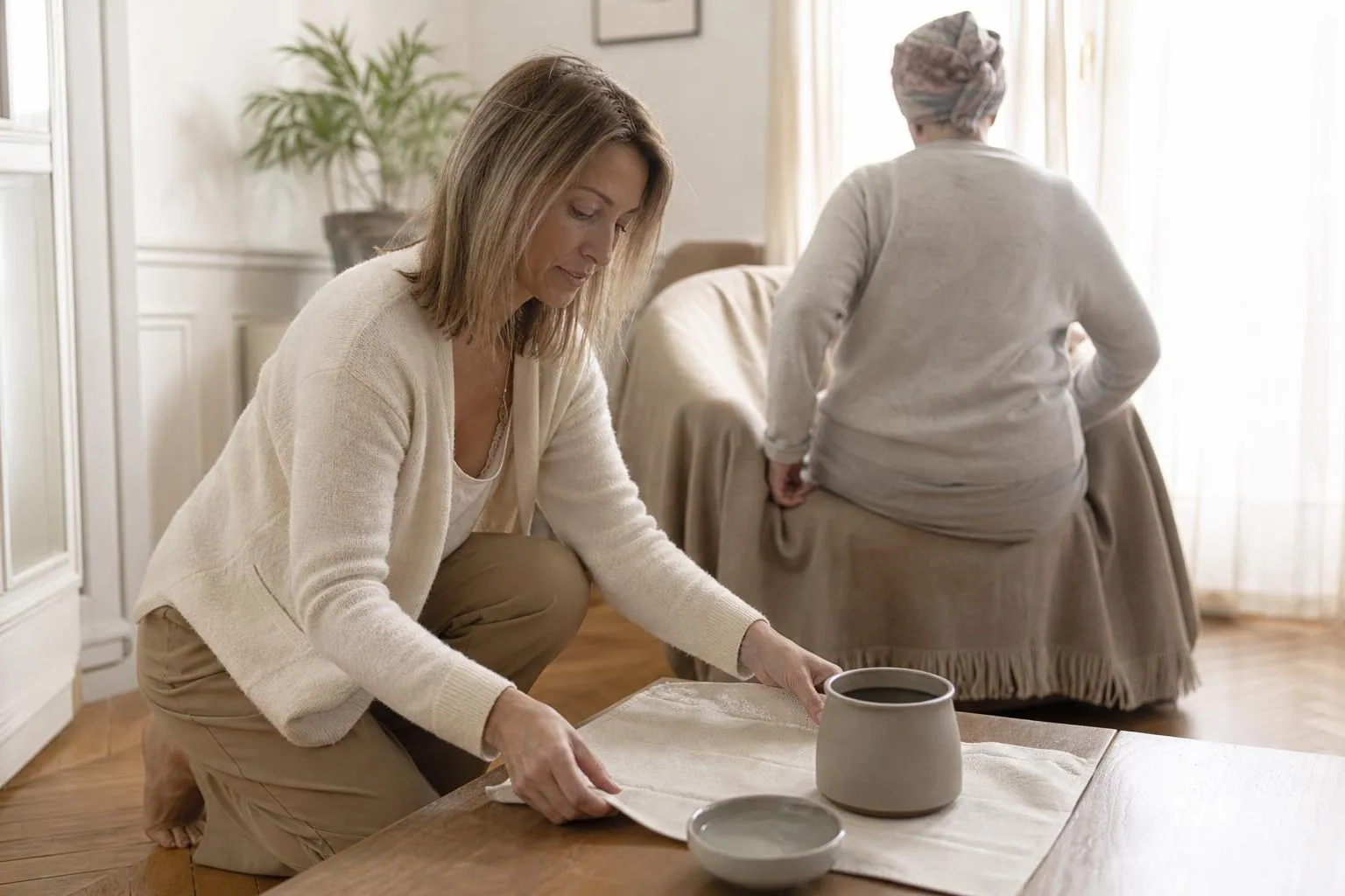 Praticienne agenouillée installant une serviette sur une table basse dans le salon lumineux d’un domicile