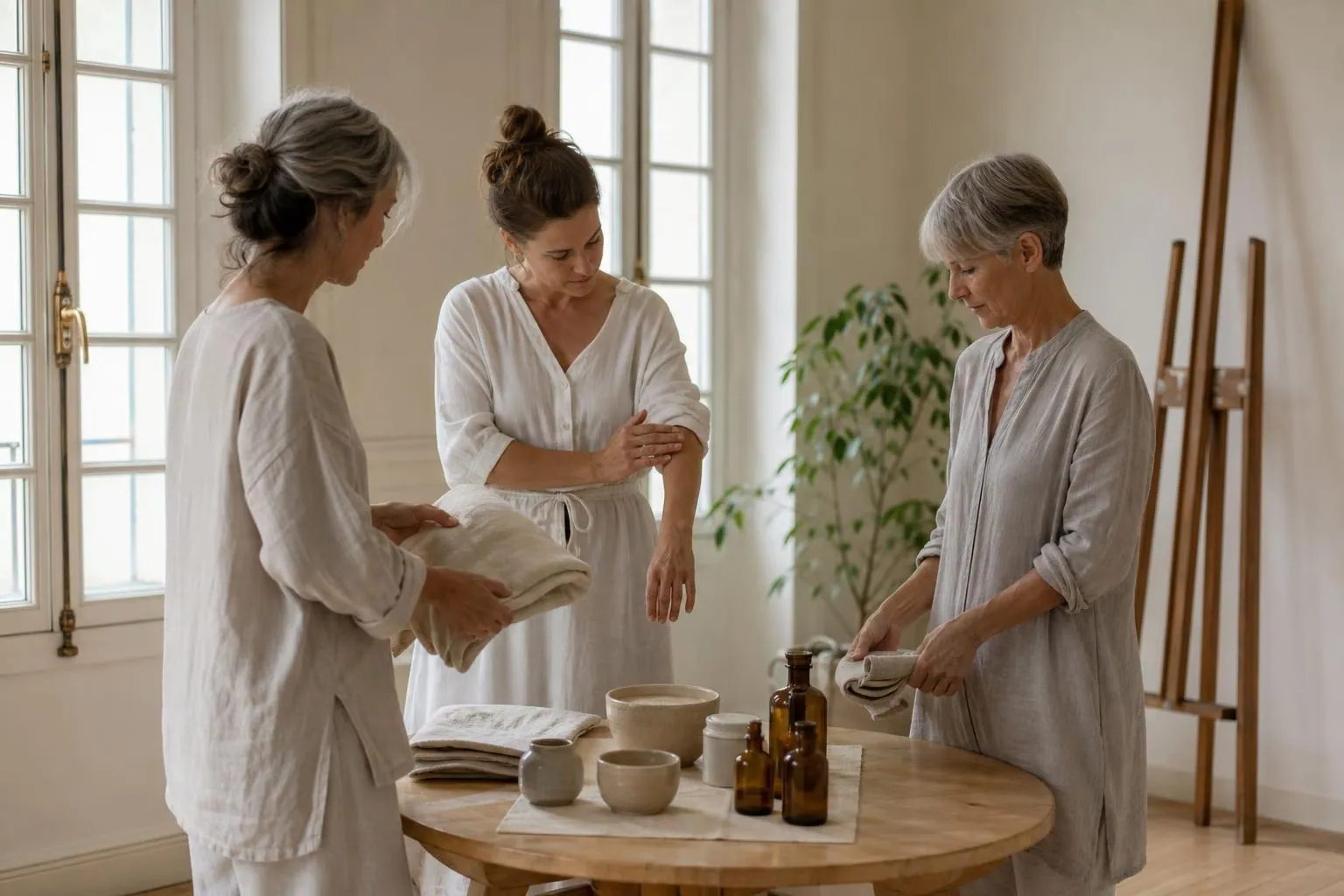 Trois femmes en atelier autour d’une table claire manipulant des serviettes et des pots de grès dans une salle lumineuse