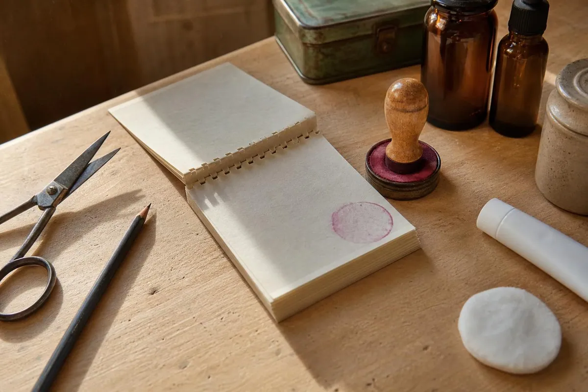 Gros plan d’un carnet à souche de forfait, d’un tampon encreur et de flacons de crème sans étiquette sur un plan de bois clair