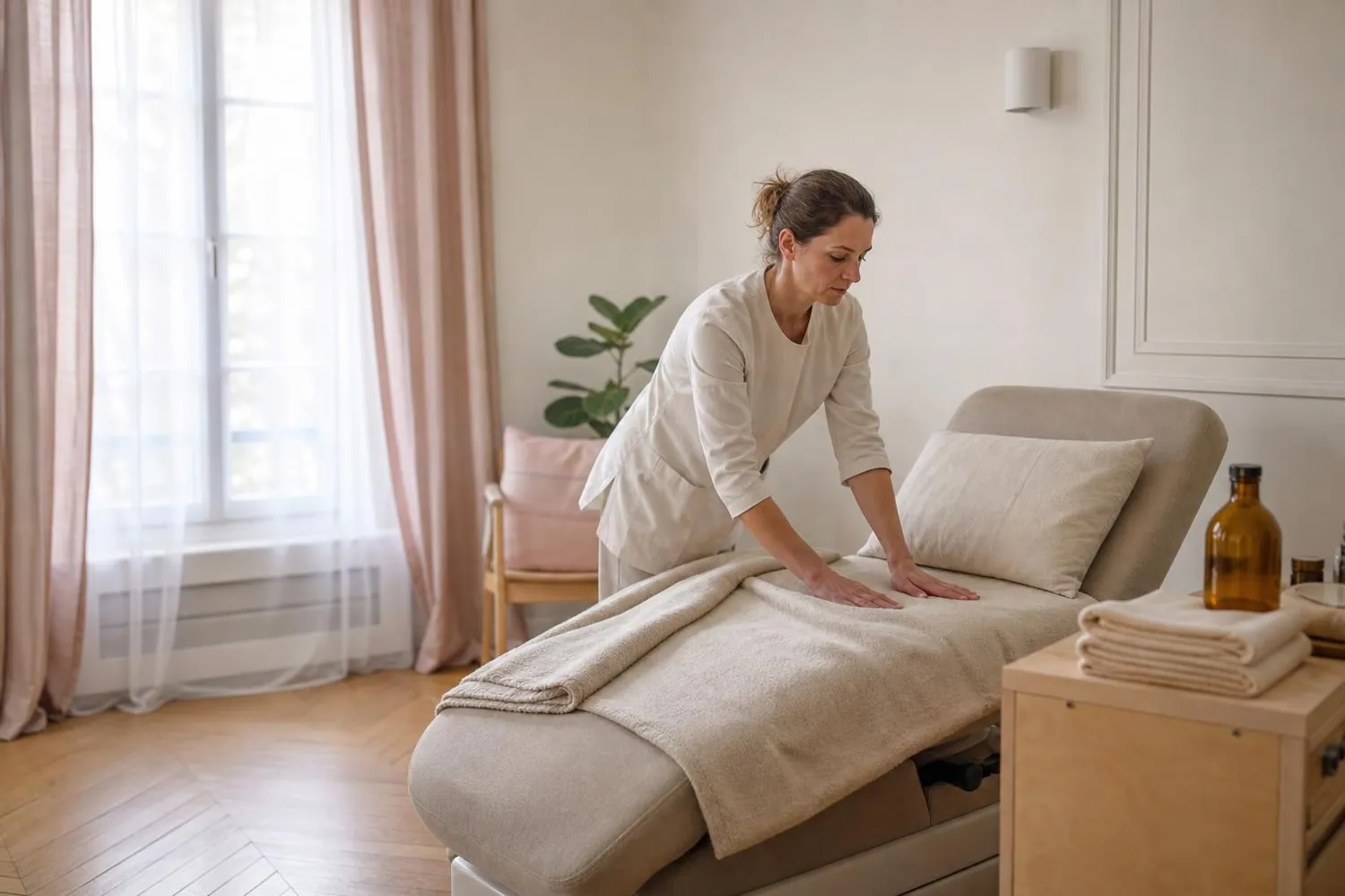 Socio esthéticienne préparant un fauteuil de repos avec un plaid et une serviette dans une salle de confort claire